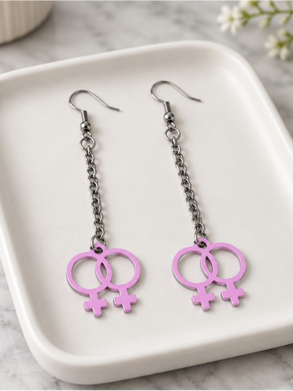 Fashion Jewelry Pink Double Venus Symbol Dangle Earrings